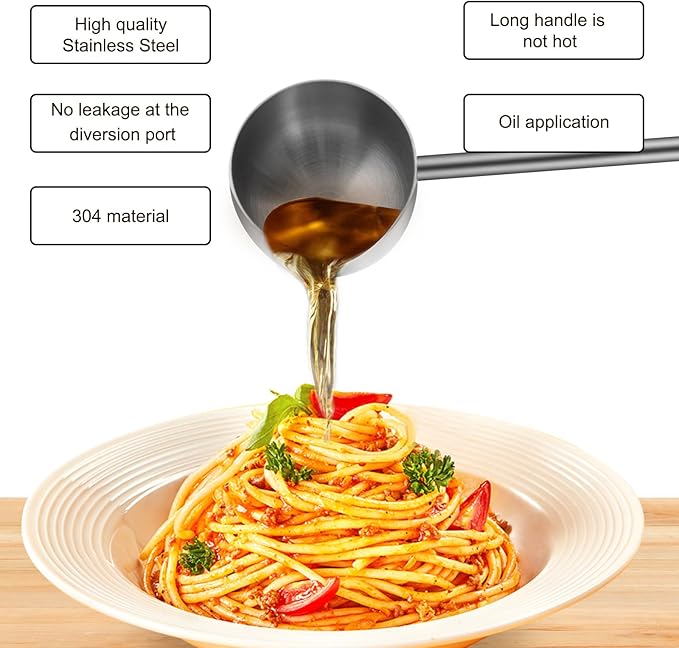 2Pcs Stainless Steel Cooking Spoons, Sauce Scoop with Long Handle 304 Stainless Steel Deep Oil Sauce Spoon for Kitchen Cooking, Serving