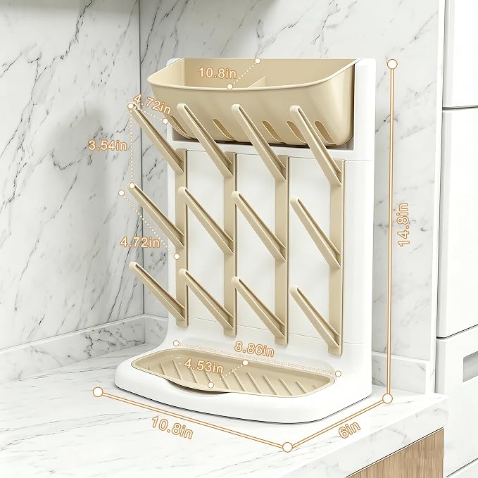 GoMaihe Baby Bottle Drying Rack: Space Saving Vertical Bottle Dryer Holder | Baby Accessories Storage Stand Organize Brushes Pacifiers on Countertop - BPA-Free - Beige