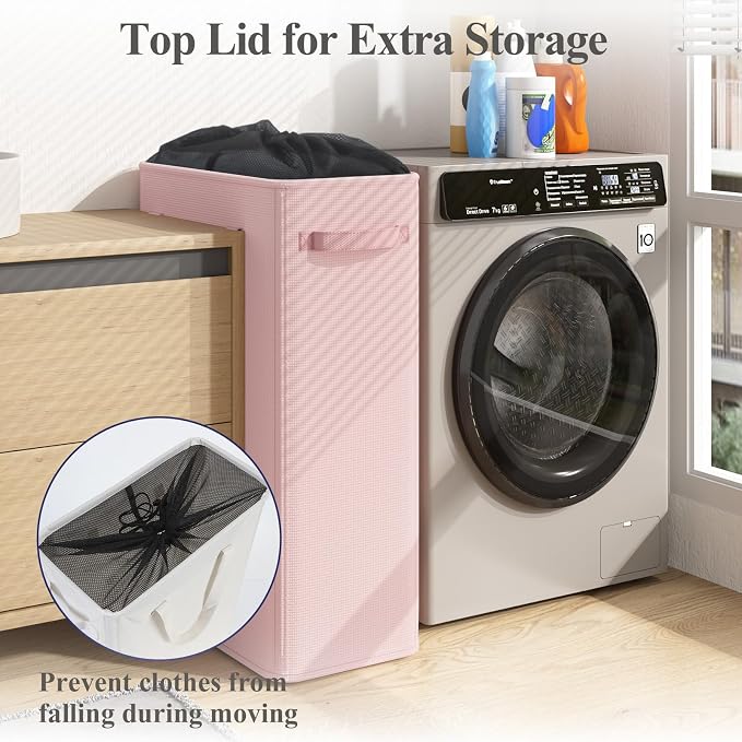 Optish 90L Pink Slim Laundry Hamper, Large Laundry Basket with Handles, Baby Hamper for Nursery, Dorm, Bedroom, Living Room, Collapsible Laundry Basket