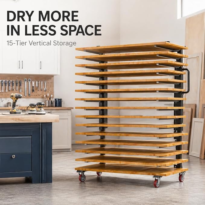 Paint Drying Rack,15-Tier Heavy-Duty Steel Drying Painting Rack | for Cabinet Doors, Adjustable Width 12 to 58 Inch,110 lbs Per Shelf,Black Drying Rack with Lockable Wheels for Paint Shops