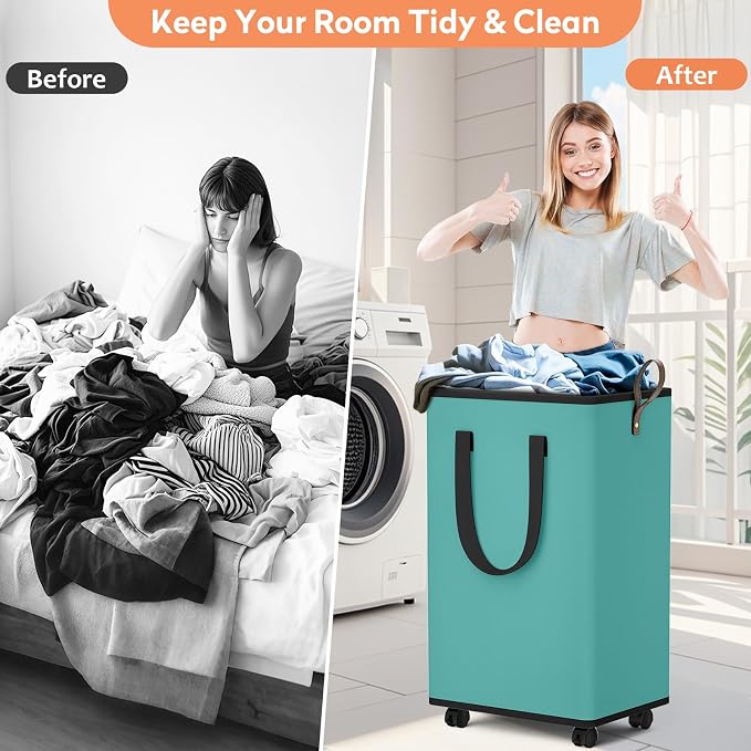SpaceTrove Rolling Laundry Basket with Wheels, Laundry Hamper, 100L, Green | Collapsible, 4 detachable wheels including 2 with brakes, sturdy handle, metal frame, for dorms, bathrooms and bedrooms