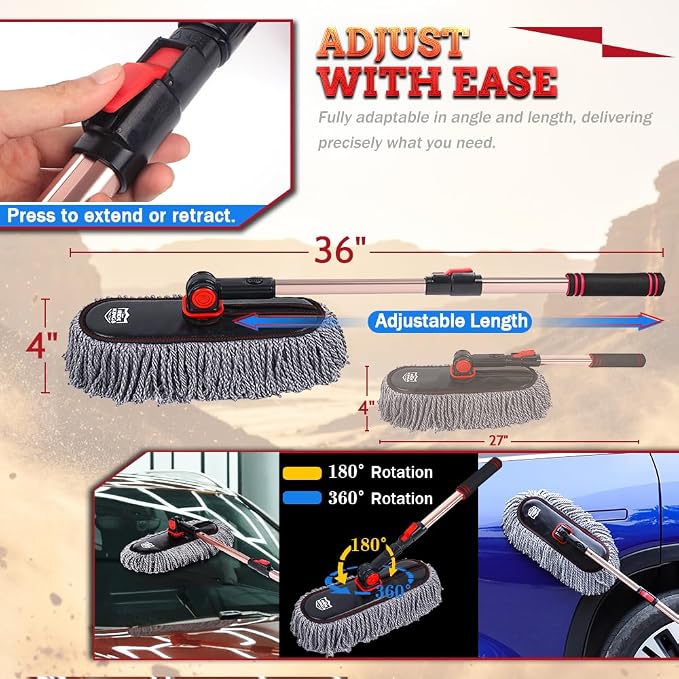 Extendable Exterior Car Duster - Washable Microfiber | Lightweight sweeper for fast dirt removal. Reusable & easy to clean. Storage bag included. Fits auto, RV, truck, motorcycle.