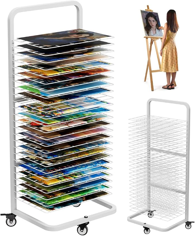 mocomax Art Drying Rack for Painting, Metal Paint Drying Stand, Movable Paint Drying Rack with Lockable Wheels, Art Canvas Storage Rack for Classrooms & Art Studios, 25 Removable Shelves, White