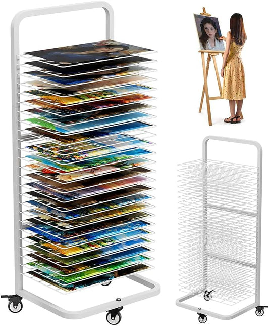 mocomax Art Drying Rack for Painting, Metal Paint Drying Stand, Movable Paint Drying Rack with Lockable Wheels, Art Canvas Storage Rack for Classrooms & Art Studios, 25 Removable Shelves, White