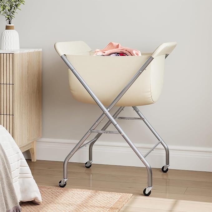 ELYKEN Laundry Basket with Wheels, Collapsible Laundry Hamper, Cream | Removable Liner Bag, Foldable Design, 118L Capacity, Sturdy Metal Frame, 4 Casters, Laundry Cart for Bedroom, Laundry Room