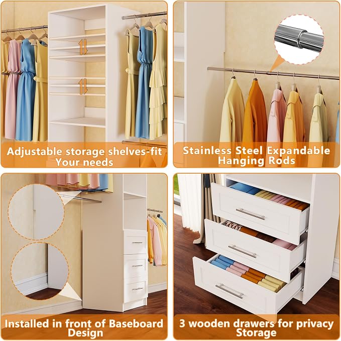 Closet System with 3 Drawers, 4FT-9FT Custom Closet Organizer System Modular Walk in Closet Storage Wooden System with 4 Expandable Hanging Rods Adjustable Shelves White