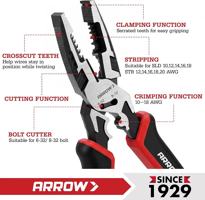 ARROW 6-in-1 Linemans Pliers, 8" Multipurpose Linesman Pliers, Side Cutters | Premium CRV Steel, Combination Pliers, For Wire Cutting, Gripping, Crimping, Stripping