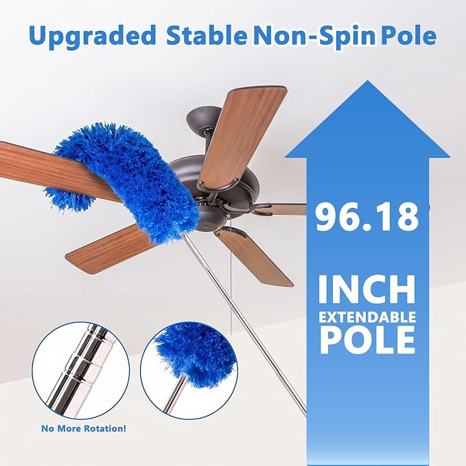 Duster with Extension Pole 30-100 Inches, Bendable Microfiber Cobweb, Blue, Duster for Cleaning Ceiling Fan, High Ceiling, Roof, Window & Blinds