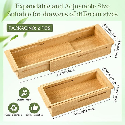LemonRoad 2 Pcs Sliding Drawer Organizer Bin Bamboo Drawer Expandable Bins Utensil Organizer for Kitchen Spoons Forks Knives (Wood)