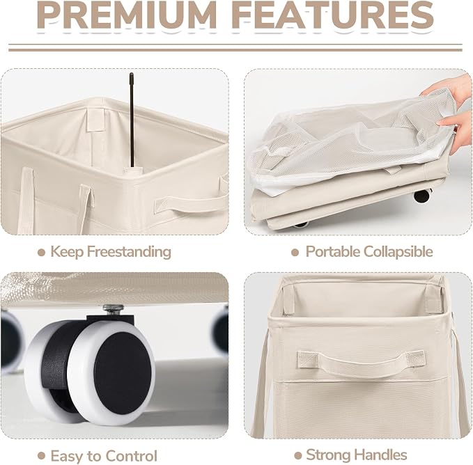 CHICVITA 75L Slim Collapsible Laundry Basket with Wheels & Wash Bag, Ivory | Removable wash bag, slim design for bedroom, laundry room, college dorm. Rolling clothes hamper for dirty laundry
