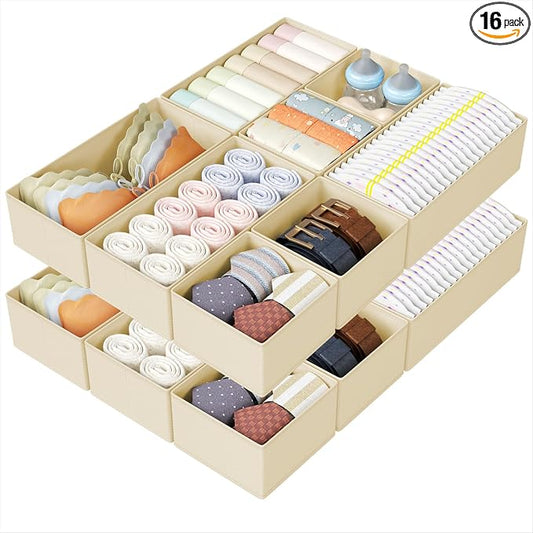 DIMJ Drawer Organizers Clothes, Set of 16 Dresser Organizer Bins, Fabric Closet Organizers and Storage, Shallow Drawer Dividers for Nursery, Clothing, Baby Clothes, Socks, Underwears, Tie (Beige)
