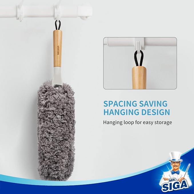 MR.SIGA Lint Free Microfiber Duster, Washable Duster for Household Cleaning | Microfiber hand duster, machine washable feather duster, dusters for cleaning, bamboo handle, replaceable head