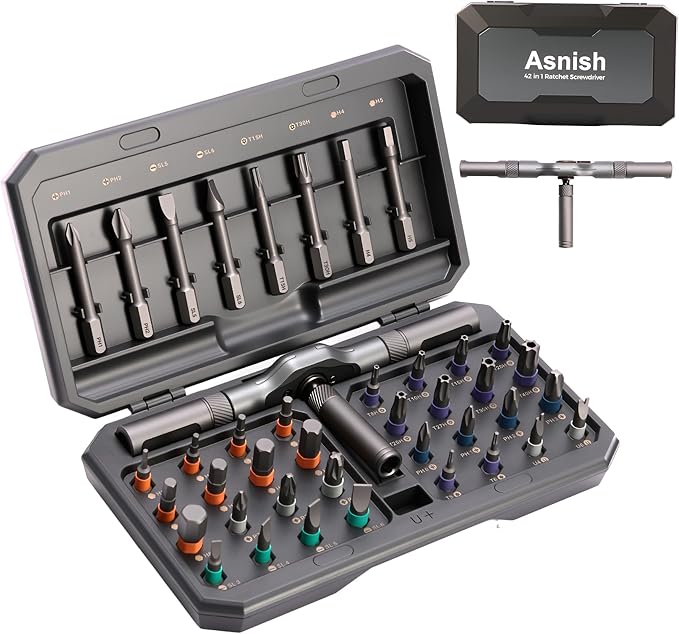Asnish 42 in1 Magnetic Ratcheting Screwdriver Set with Multi Bit Tool Kit | Compact repair kit with storage case for electronics, computers, laptops, watches, bicycles and DIY repairs
