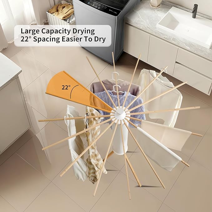 RFOUO Foldable Clothes Drying Rack Tripod with Wooden 16 Rods | Portable，Space-Saving Freestanding Drying Rack for Indoor Outdoor, Apartment, Bedroom, Laundry Room