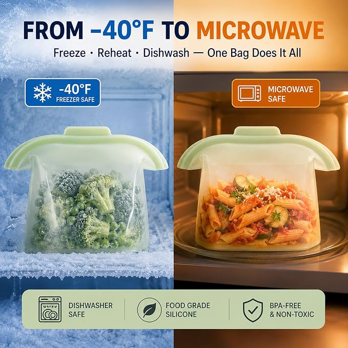 Silicone Food Storage Bags, Reusable, High-Temperature Resistant, Leak-Proof Upright Freezer Bags, Microwave and Dishwasher Safe，white
