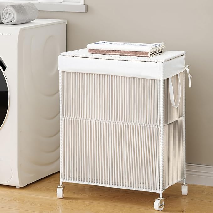 WOWLIVE Rolling Laundry Basket Wheels, Handwoven Laundry Hamper with Lid | Double Clothes Hamper with Divided Removable Bag, 115L Large Laundry Sorter 2 Section, Laundry Room Organization, White