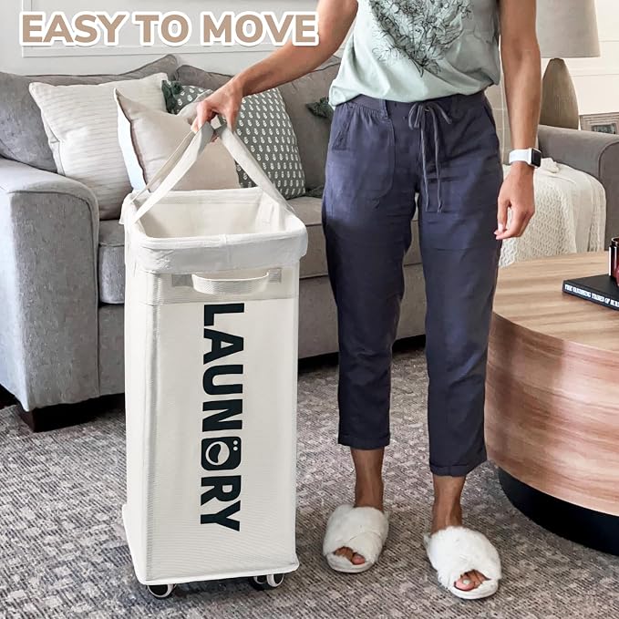 CHICVITA 75L Laundry Basket with Wheels & Handle 2-Pack, Wash Bags, White | Collapsible rolling laundry baskets for dorms and corners. Removable wash bags, easy-carry handles