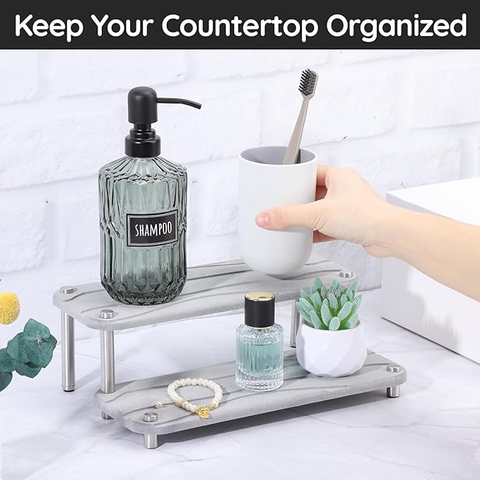 Segbeauty 2 Tier Quick Dry Diatomaceous Earth Stone Tray, 11x4.3in Water Absorbing Bathroom Tray Countertop Organizer Instant Drying Vanity Tray, Kitchen Counter Dish Soap Dispenser Rack Sponge Holder