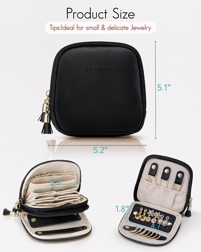 VLANDO 2-Layer Travel Jewelry Organizer for Necklaces,Rings,Earrings | Multi-Compartment Faux Leather Pouch with Velvet Lining Designed for Business Trips,Vacations,Daily Carry,Black