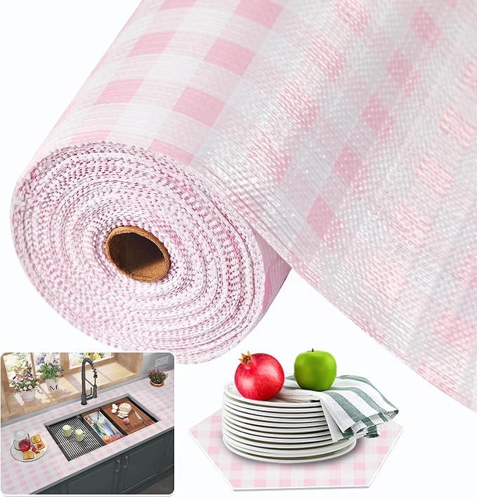Beautysaid Shelf and Drawer Liner for Kitchen Cabinet Non Adhesive Non Slip | Shelf Paper Waterproof Washable Thickened for Dresser Pantry Shelve Bathroom Protector Liner(Pink Checkered,12 in x 20FT)