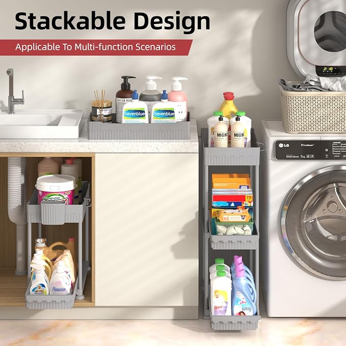 Sevenblue Under Sink Organizer, Bathroom Organizers and Storage, 2 Tier Multi-Use Pull Out Cabinet Organizer with Hang Hooks and Cups (Gray, 14.8 Inch)