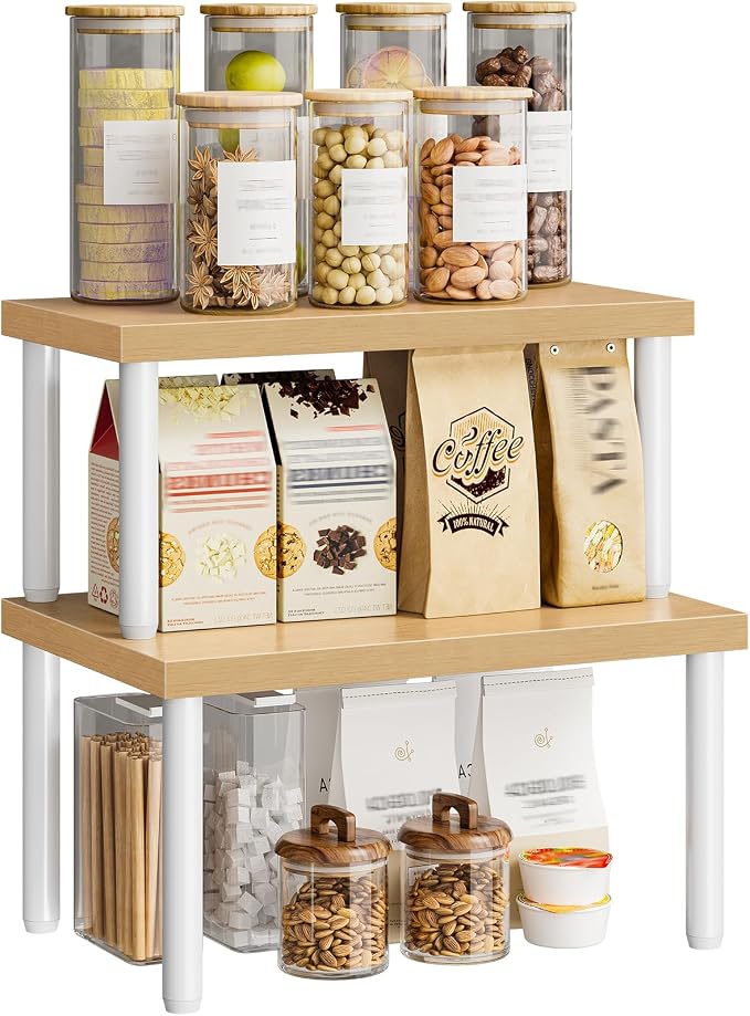 HOOBRO Cabinet Organizer Shelf, kitchen countertop organizer, Kitchen Storage, Spice Rack for cabinet, Stackable, Expandable, for Countertop,kitchen,cabinet, White and Natural WN15TL01