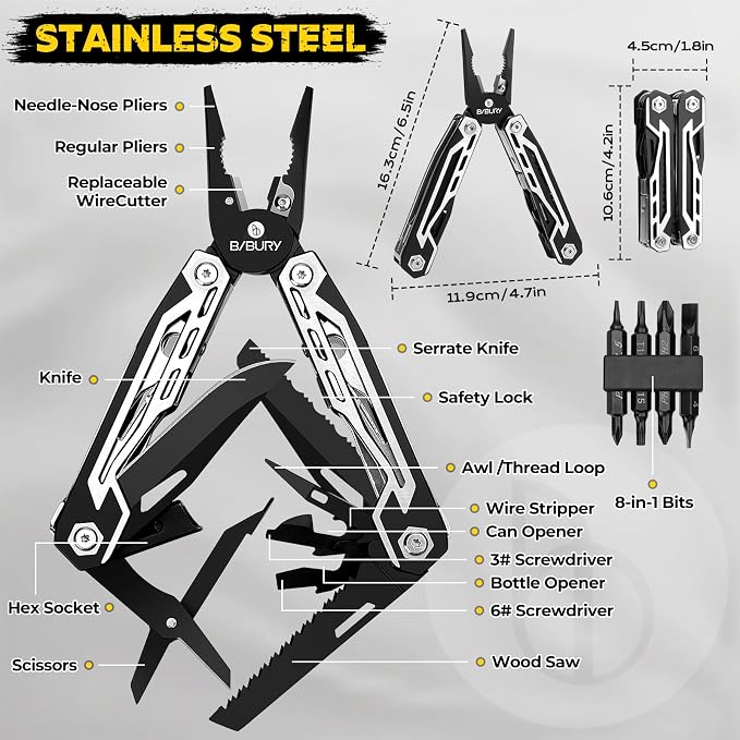BIBURY Multitool, 21-in-1 Stainless Steel Pocket Knife with Scissors,Sheath | EDC Self-locking Multi Tool Pliers for Outdoor, Survival, Camping, Hiking, Home Repair, Gadgets Gift for Men | BI2029AB