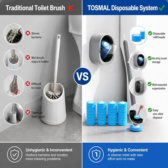 Disposable Toilet Brush with 32 Refills,Wall Mounted Toilet Wand and Holder Set, Deep Bathroom Cleaning Toilet Bowl Cleaner with Storage Holder