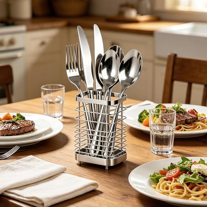 Utensil Holder, Stainless Steel Utensil Drying Rack for Kitchen Counter, Silverware Cutlery Flatware Holder Forks, Knives, Spoons, Chopsticks Organizer (Silver)