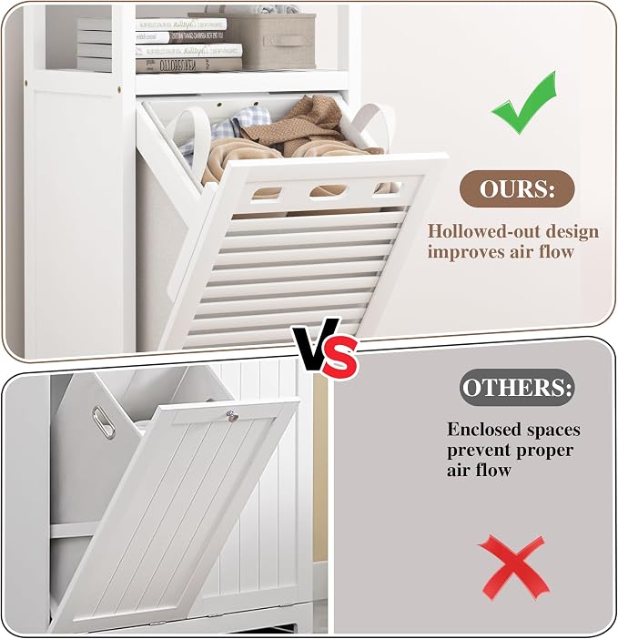 VASMIA Tilt Out Laundry Hamper,Bamboo Laundry Storage Cabinet with Shelf,10 Gal Hidden Laundry Basket Organizer for Bathroom,Laundry Room,White