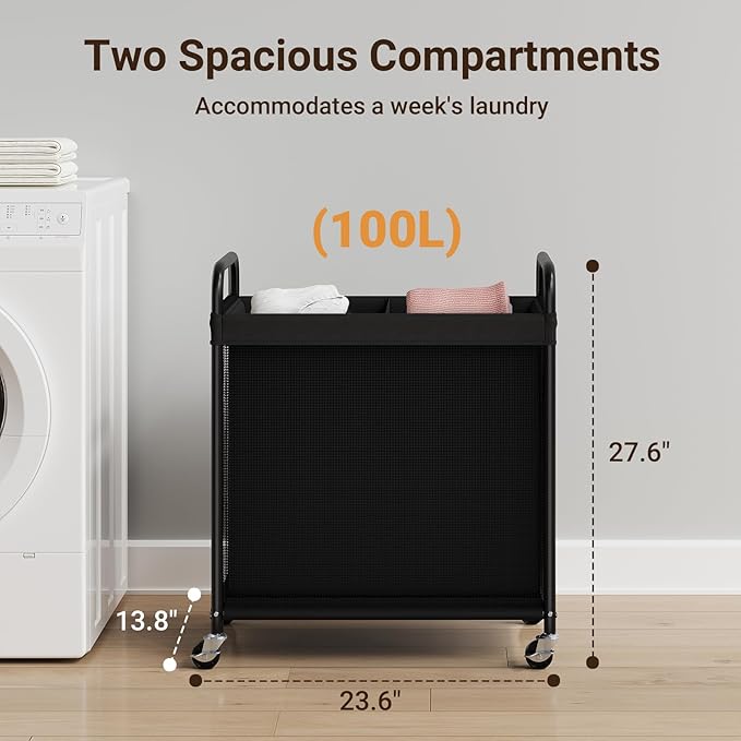 ELYKEN Laundry Hamper 2 Section, 100L Rolling Laundry Sorter with Wheels | Removable Washable Liner Bags, Sturdy Steel Frame and Metal Handle, Double Compartment Clothes Organizer for Laundry Sorting