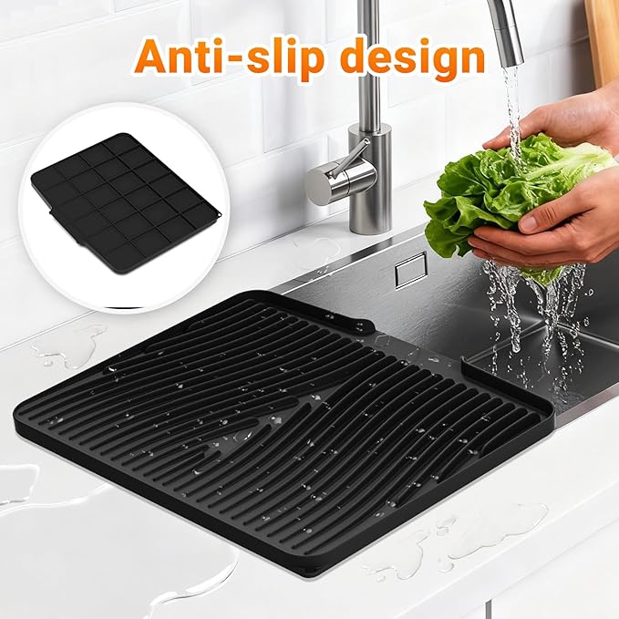 Silicone Dish Drying Mat for Kitchen counter, 19.7"x17" 2Pcs Extra Large Non-Slip Drain Pad with Built-in Drainage, Heat Resistant Dishwasher Safe, Black