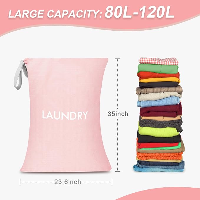 Wiseboy 120L Extra Large Travel Laundry Bag with Heavy-Duty Zipper, Pink,xl | Water-Resistant Nylon Dirty Clothes Organizer for College Dorm, Camping, Tear-Resistant Storage Bag for Laundry Mat & Moving