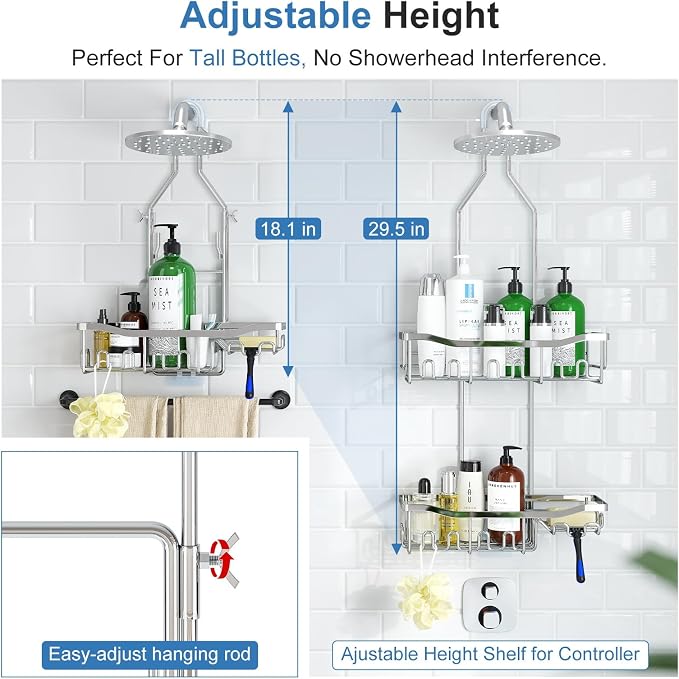 Upgraded Extended Length Shower Organizer with Hooks, Rustproof Shampoo Soap Holder, Large Hanging Bathroom Caddy, Silver