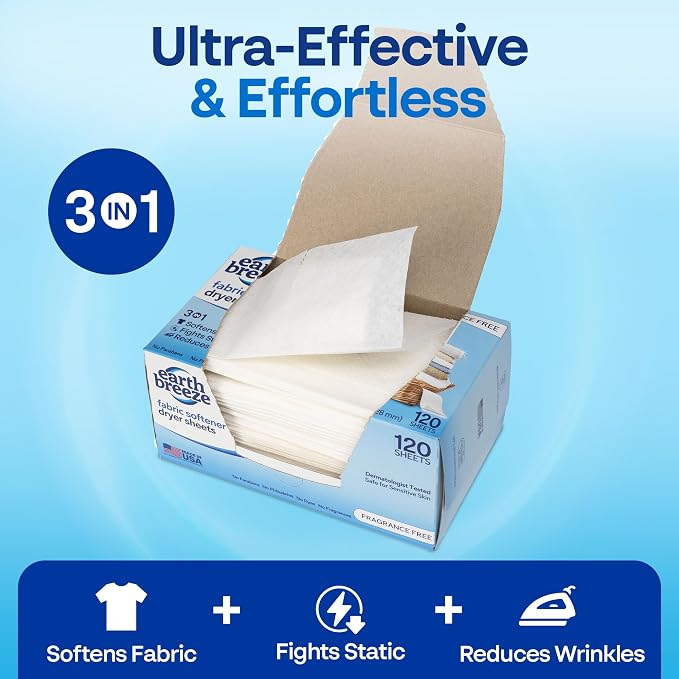 Earth Breeze Fabric Softener Dryer Sheets Fragrance Free (2 Pack) | Hypoallergenic, No Harsh Chemicals, Safe for Sensitive Skin – Static Cling & Wrinkle Reducer – Gentle Fabric Care