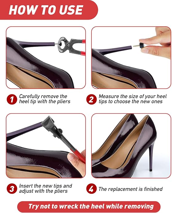 TRIZILLA 24 Pairs High Heel Replacement Tips, Heel Repair Kit for Women High Heel Shoes with 6 Inch High Heel Remove Pliers, 6 Sizes Heel Tips Caps, U-Shape, Black Beige