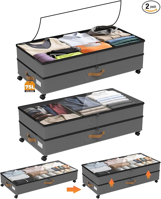 75L 2 Pack Adjustable Under Bed Storage with Wheels | Underbed containers with clear lids, rolling under bed shoe storage organizer for dorm home clothes, blankets, shoes, Grey