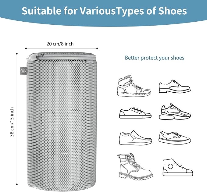 Shoe Washing Machine Bag, Laundry Bag for Sneaker, Grey, 8x15, 2Pcs | Shoe Washing Bag for Footwear, Trainers, Tennis, Slippers, Building Blocks, Sandwish Mesh, Travel, Divided, Prevent Tangling