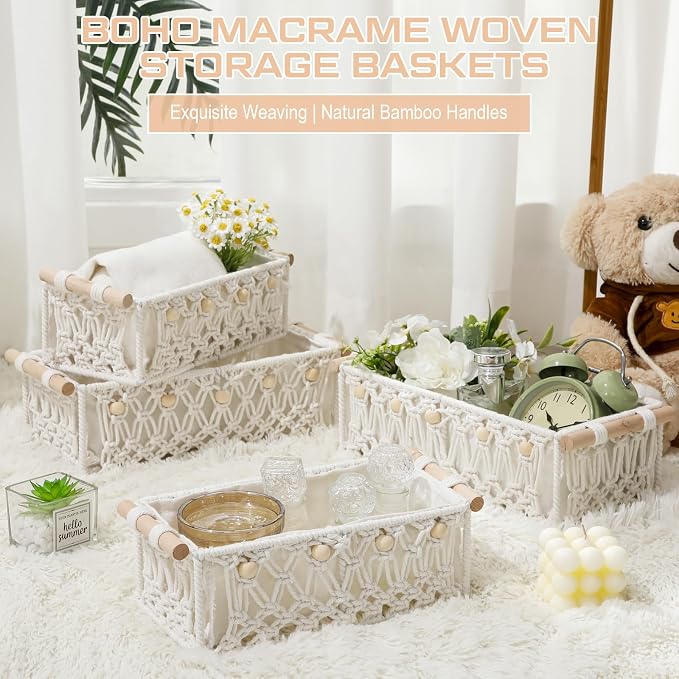 Vesici 4 Pcs Boho Macrame Storage Basket for Shelves 13" 11" Neutral White Storage Basket Hand Woven Box with Wood Handles Beads Decorative Countertop Toilet Cabinet Organizer for Home Decor