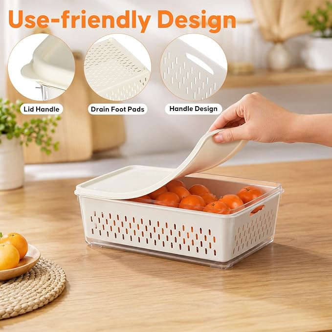 JSCARES Fruit Storage Containers for Fridge with Soft Lid - 4 Pack Food Storage Container with Removable Colander, Airtight Produce Saver Containers Keep Berry, Fruits, Vegetables, Meet Fresh Longer
