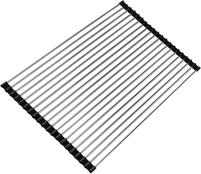 Ahyuan Roll up Dish Drying Rack Over The Sink Kitchen Roll up Sink Drying Rack Stainless Still Portable Drainer Foldable Dish Rack (Black, 17.8''X13.5'')