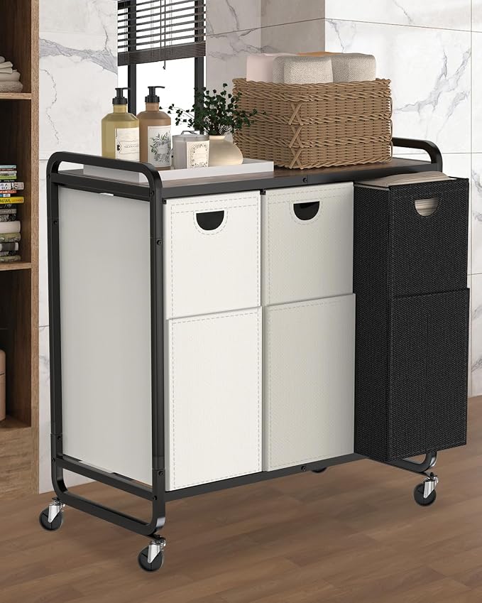 Laundry Sorter 3 Section,Laundry Basket with Wheels,3×15.8 Gal (60L) | Laundry Room Organization with Wooden Desktop Shelf,Pull-Out and Removable 900D Oxford Fabric Laundry Bags for Laundry Room
