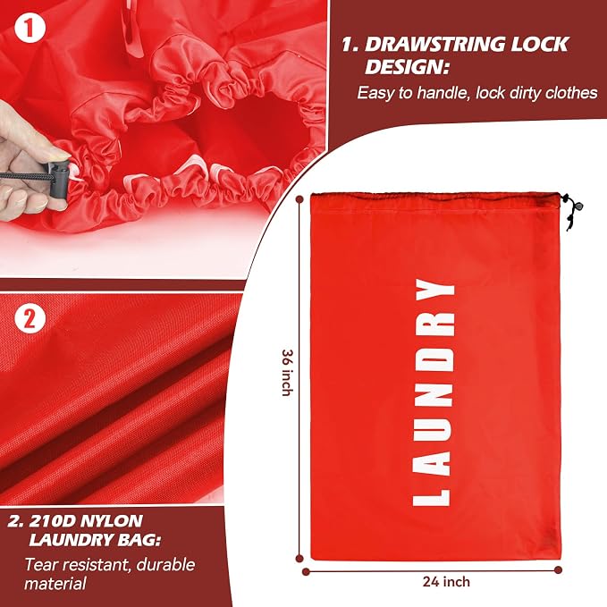 Heavy Duty Laundry Bag with Strap,2 Pack Travel Laundry Bags for Dirty Clothes,24" x 36" Large Laundry Bag for Traveling,Camping,Dorm (Black + Red)