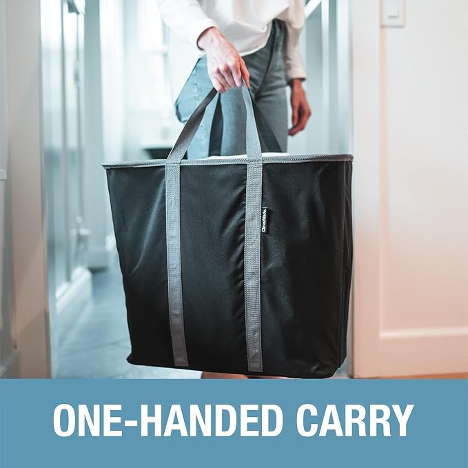 CleverMade Collapsible Laundry Caddy, 64L, 2 Pack, Denim Gray | A reinforced rim and base keep it upright for loading. Comfortable handles move up to 2 full loads, then it folds flat.