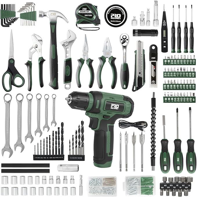 Prostormer Tool Set with 8V Cordless Drill, 369-Piece Home Tool Kit with Drill Driver, Toolbox Storage Case with Drawer, General Household Tools for Home Repairs and DIY, Handyman (Green)
