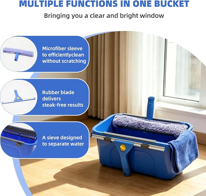 Window Cleaning Kit with 3 Gallon Bucket – 76" Long Hand Window Washing Tool Set for Home, Commercial & Car – 14" Squeegee + 15" Scrubber, Professional Grade Cleaner Equipment for High Windows