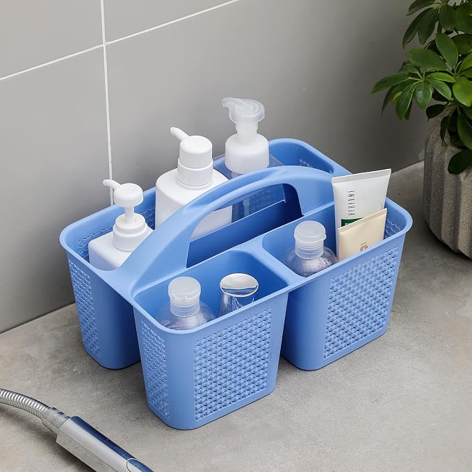 Plastic Portable Shower Caddy Basket with Handle, 3 Compartments, Dark Blue | Storage Organizer with Drain Holes, Sturdy and Durable For Bathroom, Kitchen, College Dorm, Sink, Camping