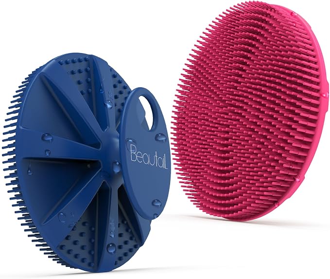 Silicone Body Scrubber, BEAUTAIL Gentle Exfoliating Shower Brush for Body | Hygienic Silicone Loofah, Easy-Grip Handle, Soft Bath Scrubber for Sensitive Skin, Women, Men & Kids, 2 Pack, Blue+Rose