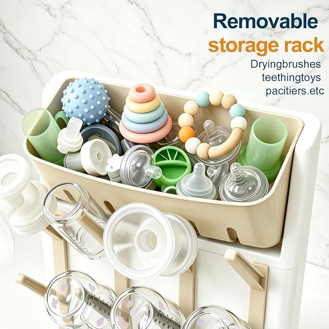 GoMaihe Baby Bottle Drying Rack: Space Saving Vertical Bottle Dryer Holder | Baby Accessories Storage Stand Organize Brushes Pacifiers on Countertop - BPA-Free - Beige