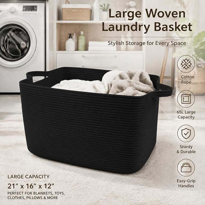 65L Large Laundry Basket with Handles,Woven Blanket Basket,Black | 21"×16"×12" Collapsible Cotton Rope Storage Basket for Toys Clothes & Pillows, Nursery, Bathroom, Bedroom, Living Room